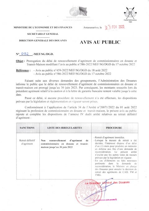 Prorogation Du Délai De Renouvellement D'agrément Du Commissionnaires ...