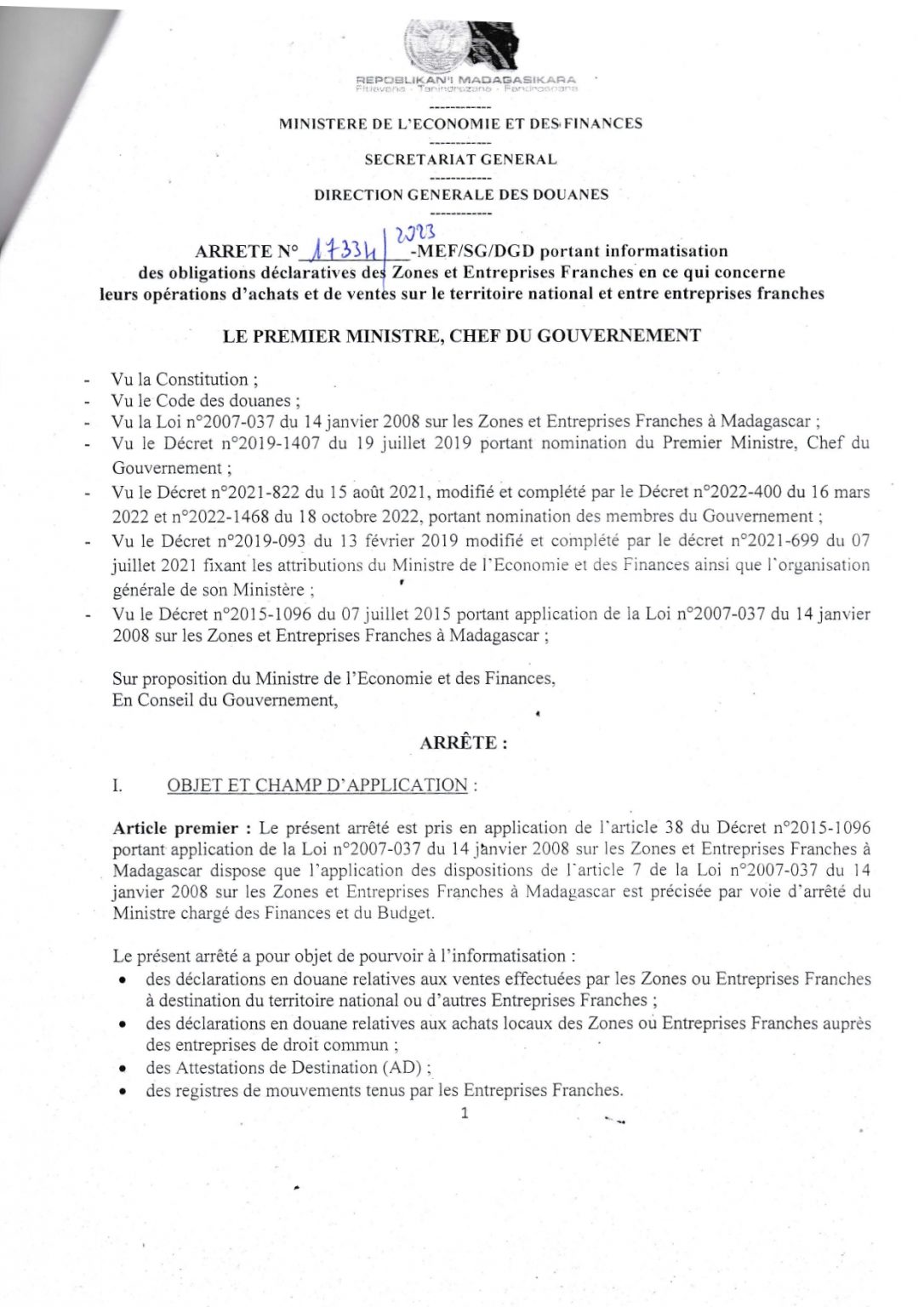 Arrêté N°17334-2023-MEF/SG/DGD Portant Informatisation Des Obligations ...